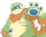 4_fingers anthro belly big_belly brown_body eyes_closed fingers green_body humanoid_hands kemono overweight simple_background solo inunoshippo pento_(kamiyu) canid canine mammal 2022 5:4 hi_res