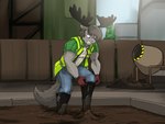 5_fingers angry anthro antlers boots bottomwear clothing denim denim_bottomwear denim_clothing fingers footwear fur grey_body grey_fur grey_hair hair horn jeans male mud pants rubber_boots shoes solo stuck arrwulf deer mammal moose new_world_deer 4:3