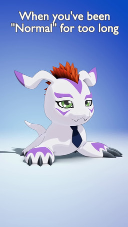 ambiguous_feral ambiguous_gender black_claws blinking blue_necktie bored claws fangs feral green_eyes hair head_bob looking_around markings mohawk mostly_nude multicolored_body necktie necktie_only open_mouth pink_tongue pupils purple_markings quadruped red_hair removing_neckwear shadow silly simple_background solo teeth text tongue white_body nukorio bandai_namco digimon digimon_(species) gomamon 1:1 2026 3d_(artwork) 3d_animation animated digital_media_(artwork) english_text hi_res loop short_playtime sound webm