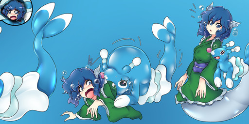 blush breast_reduction breasts female feral forced forced_transformation goo_transformation height_reduction merging open_mouth panicking shrinking size_transformation solo species_transformation transformation underwater water nageruamado nintendo pokemon touhou wakasagihime brionne generation_7_pokemon humanoid pokemon_(species) absurd_res hi_res long_image wide_image
