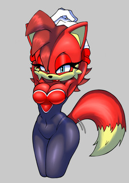 anthro armwear black_bodysuit black_clothing black_nose black_skinsuit bodysuit breasts brown_hair cheek_tuft cleavage clothed clothing cosplay dipstick_tail elbow_gloves eyelashes facial_tuft female front_view fur gloves green_eyes grey_background hair hands_behind_head handwear head_tuft lipstick looking_at_viewer makeup markings narrowed_eyes navel_outline red_body red_fur red_lipstick simple_background skinsuit smile solo tail tail_markings tan_body tan_fur thick_thighs tight_clothing tuft white_clothing white_gloves white_handwear wide_hips thecakeee archie_comics sega sonic_the_hedgehog_(archie) sonic_the_hedgehog_(comics) sonic_the_hedgehog_(series) fiona_fox rouge_the_bat canid canine fox mammal