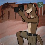 anthro biped camera desert facial_hair goatee location_sign male planted_sign shirtless sign solo welcome_sign chazthewolf echo_(game) echo_(series) echo_project chase_hunter mammal mustelid otter 1:1 signature