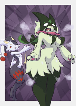 anthro big_breasts breast_expansion breasts butt butt_expansion butt_slap duo expansion female fur green_body green_fur shocked simple_background slap smile spanking surprised tail thick_thighs white_body wide_hips yellow_eyes smoothymilk nintendo palworld pocketpair pokemon dupin_(pal) felid feline generation_9_pokemon lagomorph leporid mammal meowscarada pal_(species) pokemon_(species) rabbit digital_media_(artwork) hi_res