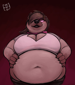 anthro bangs belly big_belly big_breasts black_lips breasts brown_hair cleavage_cutout clothing collar cutout double_chin ear_piercing female fur glowing glowing_eyes hair hand_on_belly hand_on_own_belly heart_symbol lips looking_at_viewer looking_down looking_down_at_viewer nails navel obese obese_anthro obese_female one_eye_obstructed overweight overweight_anthro overweight_female piercing pink_collar pink_eyes presenting presenting_belly purple_clothing shirt simple_background slightly_chubby slightly_chubby_female smile smiling_at_viewer solo thick_thighs topwear white_clothing white_shirt white_topwear miltonholmes leena_(miltonholmes) hyena mammal 2021 hi_res watermark