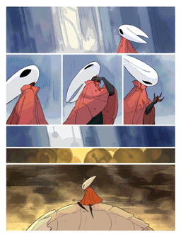 ambiguous_gender anthro biped black_body black_eyes blood blood_drip blood_on_clothing blood_on_hand bodily_fluids cloak clothing detailed_background dripping duo empty_eyes female female_anthro feral grey_body hornet's_needle mouthless narrowed_eyes red_cloak red_clothing riding solo_focus white_body wounded darkdog hollow_knight:_silksong hollow_knight_(franchise) team_cherry bell_beast hornet_(hollow_knight) arthropod bell_beast_(species) 2025 absurd_res comic digital_drawing_(artwork) digital_media_(artwork) hi_res multiple_scenes female_(lore)