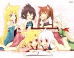 :d ^_^ bare_shoulders bedding black_hair blanket blonde_hair blue_eyes blush book breasts brown_hair cleavage clothed clothing eyes_closed female furniture group hair happy kotatsu long_hair smile table alf akane_futaba aoi_futaba animal_humanoid cat_humanoid domestic_cat felid felid_humanoid feline feline_humanoid felis humanoid mammal mammal_humanoid hi_res