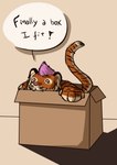 ambiguous_gender anthro box cardboard cardboard_box container fur hair pink_hair pink_nose simple_background smile solo striped_body striped_fur stripes text mtiggah felid mammal pantherine tiger 2015 english_text hi_res shaded