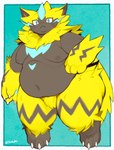 2024 absurd_res anthro belly big_belly black_body digital_media_(artwork) generation_7_pokemon hi_res kemono legendary_pokemon male moobs navel nintendo nipples overweight overweight_male pokemon pokemon_(species) simple_background solo sue36v yellow_body zeraora