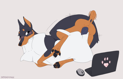anatomically_correct anatomically_correct_genitalia anatomically_correct_vulva animal_genitalia animal_vulva anus bite blush butt camera canine_genitalia canine_vulva computer countershading electronics female feral fur genitals grinding hug hugging_object hugging_pillow laptop looking_back masturbation nude pawpads paws pillow pillow_bite pillow_humping presenting presenting_anus presenting_hindquarters presenting_vulva raised_tail rear_view recording simple_background solo tail tail_anus tail_motion tailwag text vulva daemon_lady canid canine canis dobermann domestic_dog mammal pinscher 2021 absurd_res digital_drawing_(artwork) digital_media_(artwork) hi_res