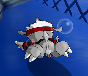 accessory anthro anus balls black_clothing black_shirt black_topwear black_vest bottomless bubble butt chain-link_fence clothed clothing fence fur genitals grey_body grey_ears grey_fur grey_tail hair headband hooved_toes hooves horn male multicolored_clothing multicolored_shirt multicolored_topwear partially_clothed penis rear_view red_clothing red_headband red_shirt red_topwear sharp_teeth shirt small_balls small_penis solo swimming tail teeth topwear two_tone_clothing two_tone_shirt two_tone_topwear two_tone_vest underwater vest water white_hair white_hooves white_horn young young_anthro young_male iblit third-party_edit corn_kidz_64 seve_(corn_kidz_64) bovid caprine goat mammal 2025 digital_media_(artwork) hi_res screencap_edit