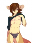 abs anthro athletic brown_hair bulge clothed clothing clothing_lift frown hair male muscular muscular_anthro nipples pecs pose shirt shirt_lift simple_background skimpy solo tail topwear underwear white_background peritian macropod mammal marsupial tree-kangaroo 2012 3:4