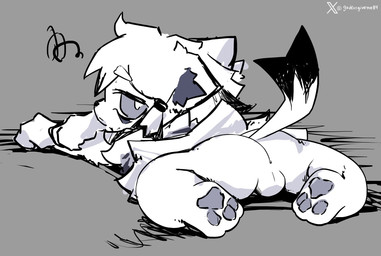 3_toes anthro balls butt clothed clothing feet fur genitals hair looking_at_viewer lying male on_front partially_clothed paws rear_view solo toes white_body white_fur white_hair young godforgiveme4 neo_(dont_starve) arctic_wolf canid canine canis mammal wolf hi_res watermark