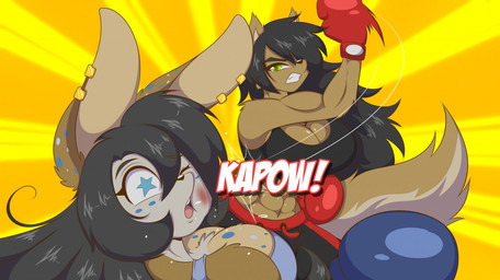 abs angry anthro boxing boxing_gloves bra breasts bruised cleavage clothed clothing duo ear_piercing female female/female handwear piercing punch pupils sport sports_bra star_pupils symbol-shaped_pupils underwear unusual_pupils mastergodai canid canine fox lagomorph leporid mammal rabbit