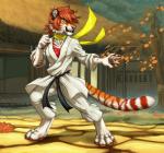 4_toes anthro barefoot claws clothed clothing cosplay detailed_background digitigrade feet female fur green_eyes hair pawpads paws pink_pawpads scarf solo stripes toes tomboy whiskers rooksrooftops capcom street_fighter makoto_(street_fighter) mei_chengse felid mammal pantherine tiger