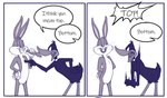 accusation anatid angry anseriform anthro argument avian bird bugs_bunny comic daffy_duck dialogue duck duo eating eating_food english_text fist gesture hand_gesture hands_on_hips hi_res inward_tail_speech_bubble kcnite lagomorph leporid looney_tunes male male/male mammal pointing pointy_speech_bubble rabbit smug speech_bubble text two_panel_image warner_brothers yelling