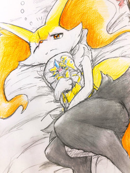 ambiguous_anthro ambiguous_gender anthro bed biped bird's-eye_view blush body_pillow dakimakura dakimakura_pillow digitigrade dipstick_tail front_view furniture high-angle_view looking_at_viewer lying markings on_bed on_side one_eye_closed pillow snout solo tail tail_markings waking_up wavy_mouth eiroru nintendo pokemon braixen canid generation_6_pokemon generation_7_pokemon legendary_pokemon mammal pokemon_(species) zeraora 2019 3:4 colored_pencil_(artwork) graphite_(artwork) hi_res japanese_description traditional_media_(artwork) translated_description