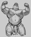 anthro balls bodily_fluids clothed clothing flexing foreskin genital_fluids genitals male muscular muscular_anthro muscular_male penis precum solo topless topless_male purplebirdman nintendo star_fox slippy_toad amphibian frog hi_res monochrome sketch