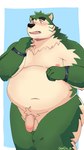 anthro balls belly big_belly blush flaccid genitals green_body humanoid_hands male moobs navel nipples overweight overweight_male penis simple_background solo gonda_29 lifewonders live_a_hero mokdai canid canine canis domestic_dog mammal 2022 9:16 hi_res