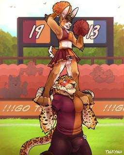 anthro balls balls_outline biped black_nose bottomwear bulge casual_chastity chastity_cage chastity_device cheerleader cheerleader_outfit clothed clothing countershade_face countershade_torso countershading crossdressing detailed_bulge duo_focus erection fur genital_outline genitals green_eyes group heart_eyes heart_symbol holding_another inner_ear_fluff kissing looking_up male markings muscular muscular_male no_underwear orange_body orange_fur outside paws penis_outline public skirt spots spotted_body spotted_fur tan_body tan_fur text tuft white_body white_fur white_inner_ear pagrynga felid lagomorph leopard leporid mammal pantherine rabbit 2022 english_text hi_res
