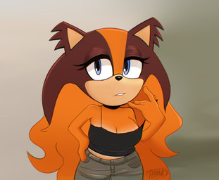 anthro bedroom_eyes blue_eyes bottomwear breasts brown_body brown_fur cleavage clothed clothing clothing_pull crop_top denim denim_bottomwear denim_clothing eyelashes female fur hair jeans long_hair midriff multicolored_body multicolored_fur narrowed_eyes orange_body orange_fur pants seductive shirt solo topwear treno_art sega sonic_boom sonic_the_hedgehog_(series) sticks_the_jungle_badger badger mammal mustelid musteline hi_res