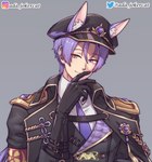 4_ears alternate_costume clothed clothing coat collared_shirt dress_shirt epaulet furgonomic_headwear furgonomics gem gloves hair handwear hat headgear headwear heterochromia inner_ear_fluff leather leather_clothing leather_gloves leather_handwear male markings mole_(marking) multi_ear necktie pointy_ears prick_ears purple_hair shirt smile solo suit text topwear tuft ada_jokercat nu:_carnival kuya_(nu:_carnival) animal_humanoid canid canid_humanoid canine canine_humanoid fox_humanoid humanoid mammal mammal_humanoid