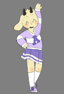 anthro black_horn bodily_fluids bottomwear clothed clothed_male clothing crossdressing femboy footwear fully_clothed fully_clothed_male fur grey_background horn male open_mouth open_smile pattern_clothing pattern_shirt pattern_topwear purple_bottomwear purple_clothing purple_footwear purple_shirt purple_shoes purple_skirt purple_topwear raised_arm shirt shoes simple_background skirt smile socks solo striped_clothing striped_shirt striped_topwear stripes sweat topwear white_clothing white_footwear white_socks yellow_body yellow_fur bravobunny bovid caprine goat mammal full-length_portrait portrait