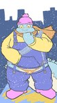 anthro beanie belly blue_body blue_scales clothing hat headgear headwear male overalls overweight overweight_male scales scarf snow snowing solo speedo swimwear winter tullys_dallies lifewonders tokyo_afterschool_summoners makara_(tas) crocodile crocodilian reptile scalie 9:16 hi_res