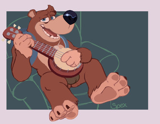 3_fingers anthro balls banjo_(instrument) black_nose blue_eyes brown_body brown_fur claws convenient_censorship eyebrows fingers fur furniture genitals head_tuft holding_object looking_at_viewer male musical_instrument nude open_mouth pawpads plucked_string_instrument raised_eyebrows simple_background sitting sofa solo string_instrument teeth tongue tuft spectral-bat banjo-kazooie rareware banjo_(banjo-kazooie) bear mammal 2019 hi_res signature