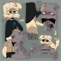 anthro bandage bandaged_arm bandaged_leg bandaged_tail black_clothing blonde_hair bodily_fluids bottomwear bottomwear_down bow_tie clothed clothing clothing_lift cum cum_in_mouth cum_inside directional_arrow duo embarrassed erection fellatio floppy_ears fluffy fluffy_arms fluffy_body fluffy_ears fluffy_fur fluffy_hair fluffy_tail fur genital_fluids genitals green_eyes green_penis grey_body grey_fur hair heart_symbol lop_ears male male/male oral pants pants_down partially_clothed penile penis sex shirt shirt_lift sitting sitting_on_another sucking tail text tired tired_eyes topwear oosharkoo akylazz foxanto domestic_cat felid feline felis mammal 1:1 2025 digital_drawing_(artwork) digital_media_(artwork) hi_res russian_text watermark