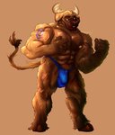 abs anthro brown_body brown_fur bulge clothing fur hooves horn male muscular muscular_anthro muscular_male nipples pecs simple_background smile solo standing tan_background tattoo thong underwear vein veiny_muscles owoffle indigo_the_bullpup bovid bovine canid canine canis cattle domestic_dog hybrid mammal 2020 hi_res