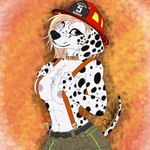 3_fingers anthro armor belt blep blonde_hair bottomwear breasts chest_tuft clothed clothing collar female fingers firefighter firefighter_helmet fur hair headgear helmet heterochromia looking_at_viewer markings nipple_piercing nipples pants piercing simple_background solo spots spotted_body spotted_fur suspenders tail thin_tail tongue tongue_out topless topless_female tuft white_body white_fur deerwalker canid canine canis dalmatian domestic_dog mammal hi_res