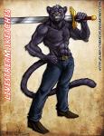 2013 5_fingers abs anthro belt biceps biped black_body black_fur bottomwear chest_tuft clothed clothing cybercat eye_scar facial_scar fangs felid fingers footwear fur grey_body grey_fur hair hand_on_hip holding_melee_weapon holding_object holding_sword holding_weapon looking_at_viewer male mammal melanistic melee_weapon muscular muscular_anthro muscular_male pants pecs pink_nose pose scar shoes smile solo standing sword teeth text topless tuft weapon weapon_on_shoulder yellow_eyes