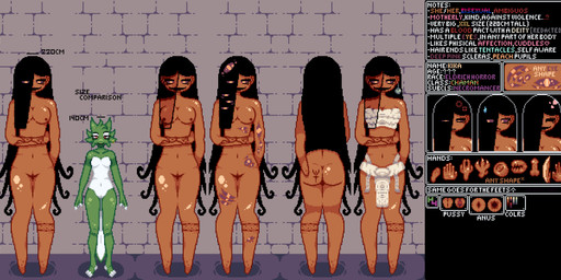 4_fingers 5_fingers 7_fingers anthro anus aztec_clothing bisexual_pride_colors breasts brown_body butt claws comparing dark_sclera description duo featureless_breasts featureless_limbs female fingers genitals green_body green_scales hair heterochromia hooves horn knife_hands lgbt_pride long_hair multi_eye penis pride_colors scales tail tall tattoo text tongs tools vulva white_body white_scales wide_mouth yellow_eyes hantanyaw44 hanta kika_(hantanyan44) eldritch_abomination humanoid kobold scalie absurd_res digital_media_(artwork) expression_sheet hi_res model_sheet pixel_(artwork)