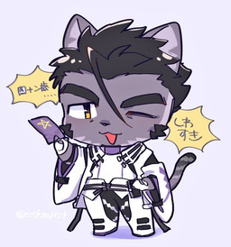 anthro black_body black_fur black_hair chibi fur hair male one_eye_closed onmyouji solo superhero talisman text wink yellow_eyes sskmpst lifewonders live_a_hero tsuneaki domestic_cat felid feline felis mammal japanese_text