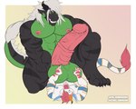 anthro balls big_balls big_pecs big_penis black_body black_scales ear_piercing fur genitals green_body green_scales hair horn huge_balls huge_penis hyper hyper_balls hyper_genitalia hyper_penis long_penis male multicolored_body muscular muscular_anthro muscular_male nipple_piercing nipples pecs penis piercing pink_hair scales tail white_hair azaeldragon kalidragon mythology azael_dragonfang kal_dragonfang dragon furred_dragon furred_scalie mythological_creature mythological_scalie reptile scalie wingless_dragon absurd_res hi_res