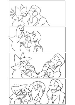 anthro blush blush_lines bodily_fluids border breast_grab breasts deep_kiss duo extreme_french_kiss eye_contact female french_kissing hand_on_breast hyper hyper_tongue interspecies kissing long_tongue looking_at_another non-mammal_breasts saliva saliva_on_tongue sweat sweatdrop tongue white_border noirchaton4 grefina_(noirchaton4) amphibian frog comic hi_res monochrome unfinished