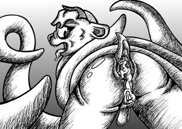 anthro anus bodily_fluids butt cum genital_fluids genitals hair liquid male penis solo standing tail tentacles tongue eyescutout canid canine mammal hi_res monochrome