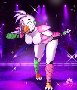anthro blue_eyes bow_ribbon breasts cleavage clothed clothing ear_piercing ear_ring exposed_breasts facial_markings female gloves handwear hanging_breasts head_markings leg_warmers legwear leotard machine markings medium_breasts nipples piercing pose ring_piercing shoulder_pads solo stage teeth wardrobe_malfunction white_body conditional_dnp grinn3r five_nights_at_freddy's five_nights_at_freddy's:_security_breach scottgames steel_wool_studios glamrock_chica animatronic avian bird chicken galliform phasianid robot 2021 digital_media_(artwork) hi_res