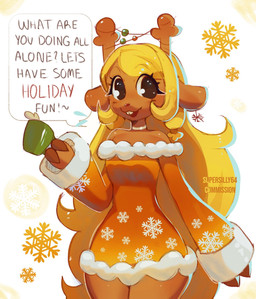 anthro antlers blonde_hair breasts brown_body brown_eyes brown_fur buckteeth choker clothed clothing dress female fur hair hooves horn jewelry necklace off_shoulder red_clothing red_dress skinny small_breasts solo teeth text wide_hips supersilly64 deltarune undertale_(series) noelle_holiday deer mammal new_world_deer reindeer english_text hi_res