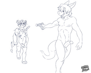 anthro balls biped duo genitals glans gore gun hair holding_gun holding_object holding_ranged_weapon holding_weapon humanoid_genitalia humanoid_penis machine male penis ranged_weapon robot_gore shota simple_background tail weapon white_background young young_anthro young_male kuma_kun disney the_lion_king lurdanjo_mistaro_(lurdanjo) simba_(the_lion_king) android felid lion mammal pantherine robot scalie monochrome