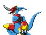 4:3 ambiguous_gender armor bandai_namco blue_body blue_skin burning butt butt_on_fire clothing crop_top digimon digimon_(species) eyes_closed fifybear fire flamedramon hand_on_butt hasbro headgear helmet open_mouth pain raised_tail shirt solo tail topwear