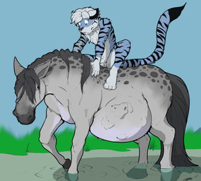 abdominal_bulge animal_genitalia anthro balls belly big_belly black_body black_fur blue_body blue_fur blue_sky body_outline day duo feral feral_pred fur genitals grass grey_body grey_fur hair hooves horseback_riding huge_belly larger_feral larger_pred male male/male male_feral nude_anthro nude_male nude_pred outside partially_submerged plant riding scared sheath sitting size_difference sky slimy_body smaller_anthro standing_in_water sticky swamp tail unwilling_prey vore walking water willing_pred pandottermon celtic_mythology european_mythology mythology matthias_(tigereye7669) equid equine felid kelpie mammal mythological_creature mythological_equine pantherine tiger 2019 colored dated signature