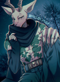 anthro arm_warmers armwear athletic athletic_anthro athletic_male belt belt_buckle bottomwear buckle chest_tattoo claws clothed clothing horn leopard_spots looking_at_viewer male markings narrowed_eyes night outside pants plant scarf sky slim solo spots spotted_body star starry_sky tattoo topless tree msdk_max beastars melon_(beastars) antelope bovid felid gazelle hybrid leopard mammal pantherine 2020 signature
