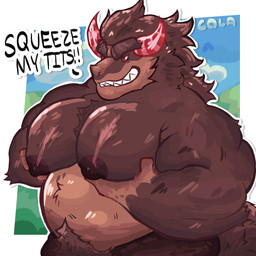 2_horns anthro arm_tuft belly belly_hair belly_tuft biceps big_belly big_breasts big_muscles big_nipples big_pecs body_hair breast_grab breast_squish breasts brown_body brown_fur candy chest_hair chocolate dessert dialogue eyebrows food fur hair hand_on_breast horn male moob_grab moobs multicolored_body multicolored_fur muscular muscular_anthro muscular_male neck_tuft nipples overweight overweight_anthro overweight_male pec_grab pec_squeeze pecs red_horn simple_background smug smug_face smug_grin solo squish tail text thick_eyebrows tuft white_eyes crococola cookie_run devsisters mythology schwarzwalder canid canine food_creature living_candy living_chocolate mammal mythological_canine mythological_creature unknown_species werecanid werecanine werecreature werewolf 1:1 2026 digital_media_(artwork) english_text hi_res