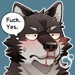 anthro blood blush bodily_fluids kemono male nosebleed simple_background solo text kumagaya_shin fuck.yes. kuro_(kumagaya_shin) canid canine canis domestic_dog mammal 2026 english_text portrait reaction_image