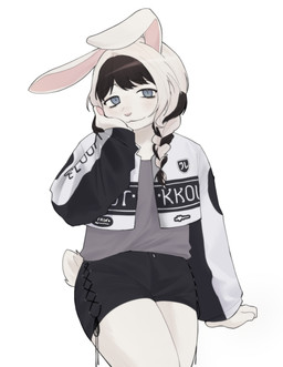 ambiguous_gender anthro black_bottomwear black_clothing black_shorts blue_eyes blush blush_lines bottomwear braided_hair braided_pigtails brown_hair cat_smile clothing femboy footwear fur grey_clothing grey_shirt grey_topwear hair hand_on_own_face jacket legs_together looking_at_viewer pink_nose rabbit_ears scut_tail shirt shoes short_tail shorts socks tail thighs_together topwear tucked_shirt white_body white_clothing white_footwear white_fur white_hair white_shoes white_socks unko mari_(maril33)_(bunny) lagomorph leporid mammal rabbit half-length_portrait hi_res portrait