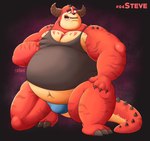 anthro belly bulge clothing male navel overweight overweight_anthro overweight_male red_body shirt solo tank_top topwear underwear stompsyeen rumble_(movie) steve_(rumble) monster 2022 hi_res