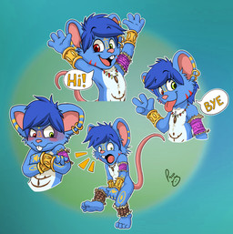 anthro blep blue_body blue_fur blue_hair blush brown_markings ear_piercing ear_ring fur gesture glistening glistening_eyes green_eyes grumpy hair hand_gesture happy heterochromia jewelry logo male markings mouth_closed necklace nude open_mouth piercing red_eyes red_tongue ring_piercing shocked solo tongue tongue_out v_sign white_body white_fur yellow_markings young young_anthro young_male pandapaco chopper_atbong mammal mouse murid murine rodent absurd_res artist_logo hi_res signature