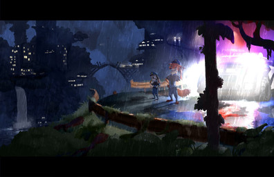 anthro barefoot bridge building car city clothed clothing dark detailed_background duo feet fully_clothed fur grass grey_body grey_fur holding_object light night open_mouth orange_body orange_fur outside plant police police_uniform raining river standing uniform vehicle wet vulpesvant disney zootopia judy_hopps nick_wilde canid canine fox lagomorph leporid mammal rabbit red_fox true_fox 2020 detailed hi_res lighting