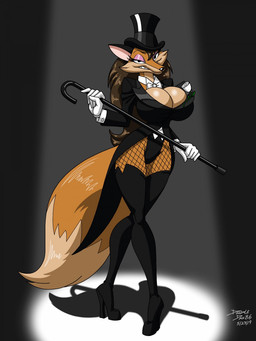 anthro bow_tie breasts cane clothing coattails female fishnet_stockings hair hat headgear headwear solo spotlight top_hat wolfdan86 canid canine fox mammal hi_res
